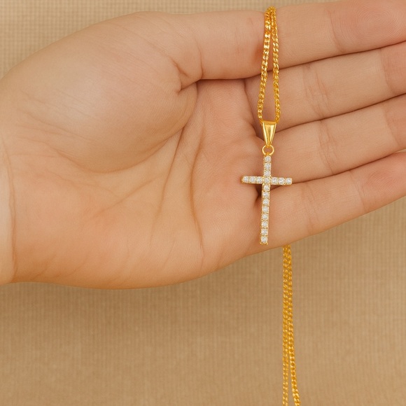 18K Gold Filled Cross Pendant Necklace with Cubic Zirconia - Picture 3 of 4